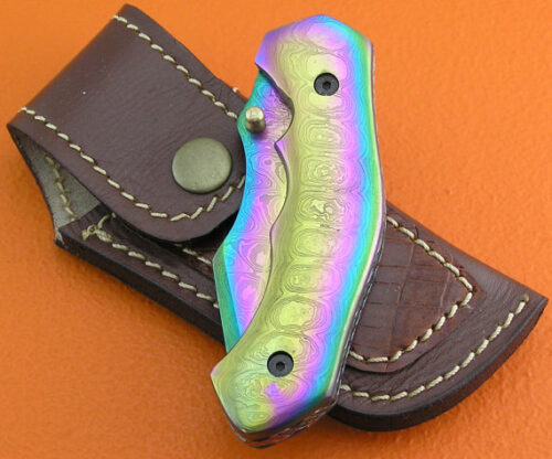 Full Titanium Coated Damascus Folding Knife Custom Handmade Damascus Steel Hunting Knife Best Full Damascus Pocket Knife With Leather Sheaths 1378 - Image 6