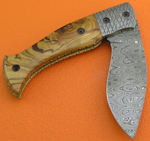 Liner Lock Damascus Folding Knife Custom Handmade Damascus Steel Hunting Knife Best Damascus Folding Knife With Olive Wood Handle Leather Sheaths 1379 - Image 3