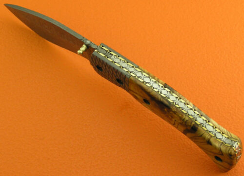 Liner Lock Damascus Folding Knife Custom Handmade Damascus Steel Hunting Knife Best Damascus Folding Knife With Olive Wood Handle Leather Sheaths 1379 - Image 4