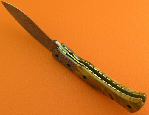 Liner Lock Damascus Folding Knife Custom Handmade Damascus Steel Hunting Knife Best Damascus Folding Knife With Olive Wood Handle Leather Sheaths 1379 - Image 5