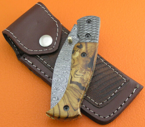 Liner Lock Damascus Folding Knife Custom Handmade Damascus Steel Hunting Knife Best Damascus Folding Knife With Olive Wood Handle Leather Sheaths 1379 - Image 6