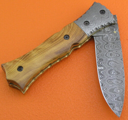 Liner Lock Damascus Folding Knife Custom Handmade Damascus Steel Hunting Knife Best Damascus Folding Knife With Olive Wood Handle Leather Sheaths 1380 - Image 3