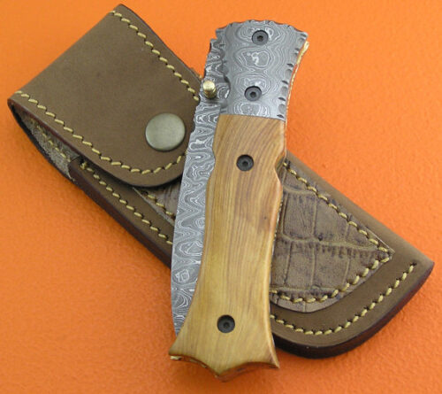 Liner Lock Damascus Folding Knife Custom Handmade Damascus Steel Hunting Knife Best Damascus Folding Knife With Olive Wood Handle Leather Sheaths 1380 - Image 6