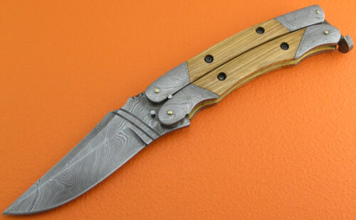 Amazing Damascus Folding Knife Custom Handmade Damascus Steel Hunting Knife Best Damascus Folding Knife With Olive Wood Handle Leather Sheaths 1382