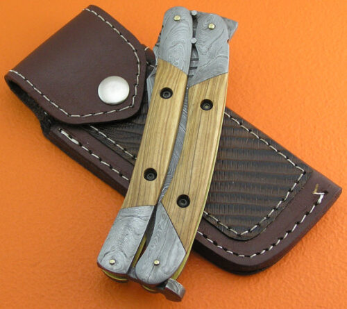Amazing Damascus Folding Knife Custom Handmade Damascus Steel Hunting Knife Best Damascus Folding Knife With Olive Wood Handle Leather Sheaths 1382 - Image 6