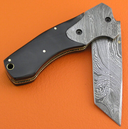 Liner Lock Damascus Folding Knife Custom Handmade Damascus Steel Hunting Knife Best Damascus Folding Knife With Buffalo Horn Handle Leather Sheaths 1383 - Image 3