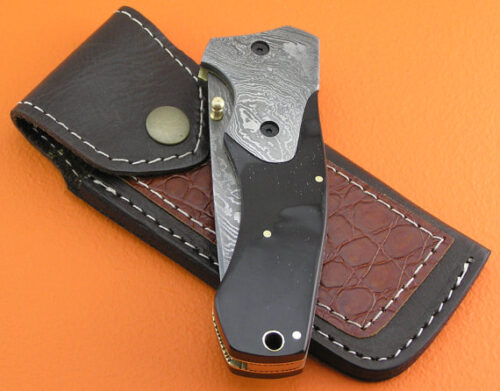 Liner Lock Damascus Folding Knife Custom Handmade Damascus Steel Hunting Knife Best Damascus Folding Knife With Buffalo Horn Handle Leather Sheaths 1383 - Image 6