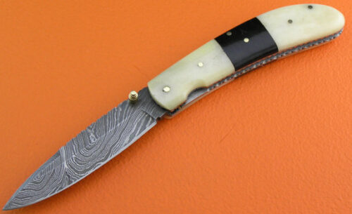 Liner Lock Damascus Folding Knife Custom Handmade Damascus Steel Hunting Knife Best Damascus Folding Knife With Camel Bone Handle Leather Sheaths 1902