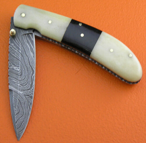 Liner Lock Damascus Folding Knife Custom Handmade Damascus Steel Hunting Knife Best Damascus Folding Knife With Camel Bone Handle Leather Sheaths 1902 - Image 3