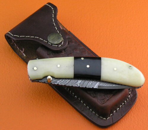 Liner Lock Damascus Folding Knife Custom Handmade Damascus Steel Hunting Knife Best Damascus Folding Knife With Camel Bone Handle Leather Sheaths 1902 - Image 6