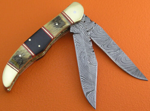 Double Blade Damascus Folding Knife Custom Handmade Damascus Steel Hunting Knife Best Damascus Folding Liner Lock Knife With Stag & Horn Handle Leather Sheaths 1905 - Image 3