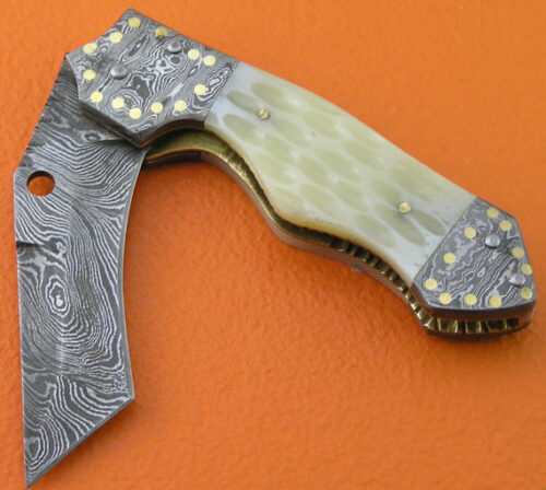 Liner Lock Damascus Folding Knife Custom Handmade Damascus Steel Hunting Knife Best Damascus Folding Knife With Camel Bone Handle Leather Sheaths 1907 - Image 3