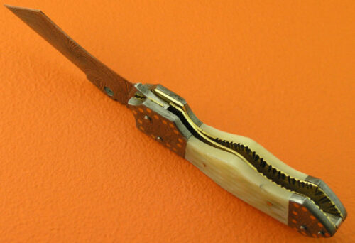 Liner Lock Damascus Folding Knife Custom Handmade Damascus Steel Hunting Knife Best Damascus Folding Knife With Camel Bone Handle Leather Sheaths 1907 - Image 5
