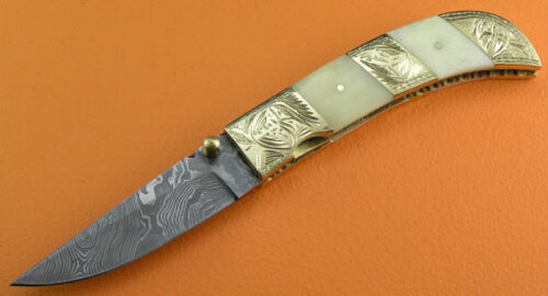 Engraved Damascus Folding Liner Lock Knife Custom Handmade Damascus Steel Hunting Knife Best Damascus Folding Knife With Camel Bone Handle Leather Sheaths 1908