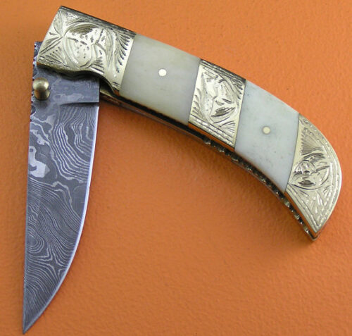 Engraved Damascus Folding Liner Lock Knife Custom Handmade Damascus Steel Hunting Knife Best Damascus Folding Knife With Camel Bone Handle Leather Sheaths 1908 - Image 3