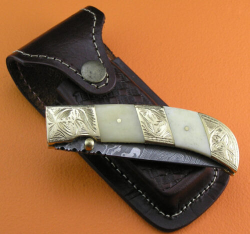 Engraved Damascus Folding Liner Lock Knife Custom Handmade Damascus Steel Hunting Knife Best Damascus Folding Knife With Camel Bone Handle Leather Sheaths 1908 - Image 6