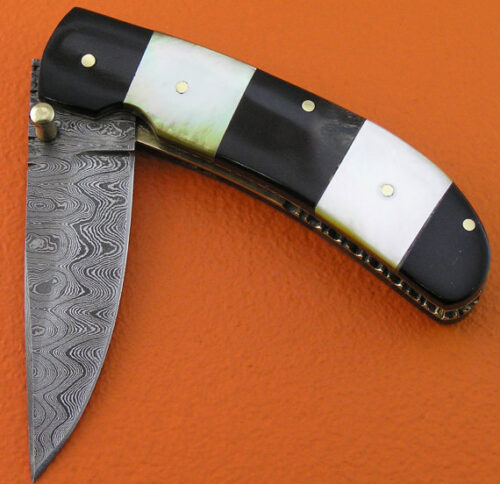 Liner Lock Damascus Folding Knife Custom Handmade Damascus Steel Hunting Knife Best Damascus Folding Knife With Bone & Horn Handle Leather Sheaths 1911 - Image 3