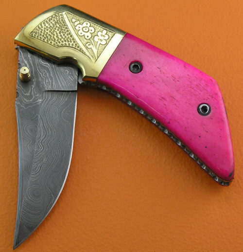 Liner Lock Damascus Folding Knife Custom Handmade Damascus Steel Hunting Knife Damascus Folding Knife With Dyed Bone Engraved Handle Leather Sheaths 1916 - Image 3