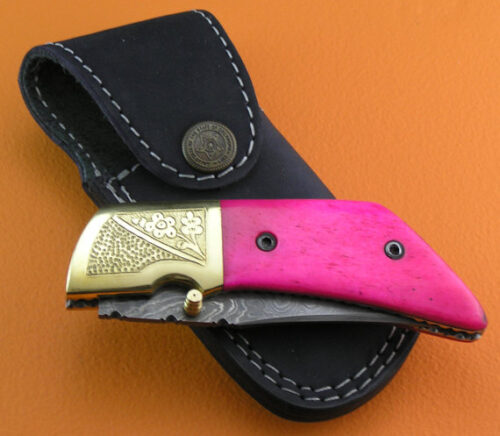 Liner Lock Damascus Folding Knife Custom Handmade Damascus Steel Hunting Knife Damascus Folding Knife With Dyed Bone Engraved Handle Leather Sheaths 1916 - Image 6