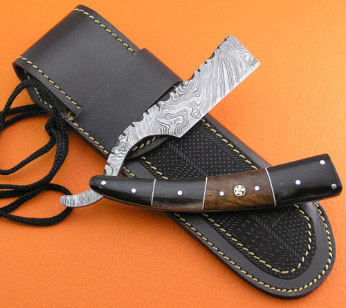 Damascus Folding Razor Knife Custom Handmade Damascus Steel Gentleman's Wet Shaving Grooming Straight Razor Knife With Horn Handle Leather Sheaths 2103 - Image 3