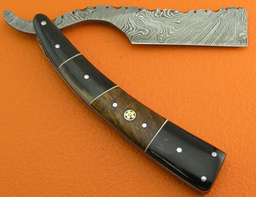 Damascus Folding Razor Knife Custom Handmade Damascus Steel Gentleman's Wet Shaving Grooming Straight Razor Knife With Horn Handle Leather Sheaths 2103 - Image 4