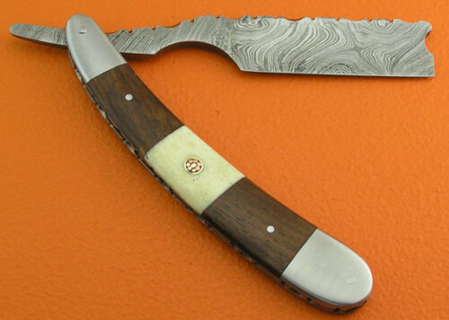 Damascus Folding Razor Knife Custom Handmade Damascus Steel Gentleman's Wet Shaving Grooming Straight Razor Knife With Rose Wood Handle Leather Sheaths 2104 - Image 3