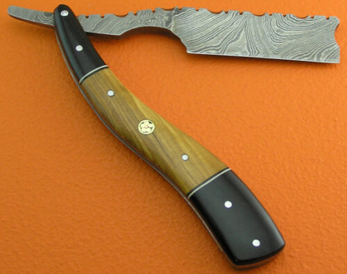 Damascus Folding Razor Knife Custom Handmade Damascus Steel Gentleman's Wet Shaving Grooming Straight Razor Knife With Olive Wood Handle Leather Sheaths 2106 - Image 3