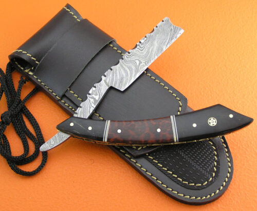 Damascus Folding Razor Knife Custom Handmade Damascus Steel Gentleman's Wet Shaving Grooming Straight Razor Knife With Horn & Wood Handle Leather Sheaths 2108 - Image 3