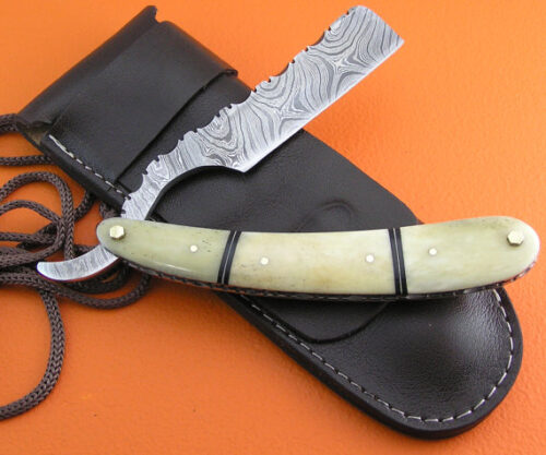 Damascus Folding Razor Knife Custom Handmade Damascus Steel Gentleman's Wet Shaving Grooming Straight Razor Knife With Bone Handle Leather Sheaths 2109 - Image 3
