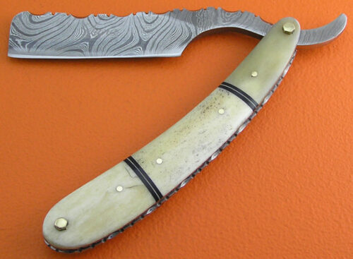 Damascus Folding Razor Knife Custom Handmade Damascus Steel Gentleman's Wet Shaving Grooming Straight Razor Knife With Bone Handle Leather Sheaths 2109