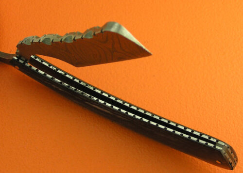 Damascus Folding Razor Knife Custom Handmade Damascus Steel Gentleman's Wet Shaving Grooming Straight Razor Knife With Pakka Wood Handle Leather Sheaths 2110 - Image 6