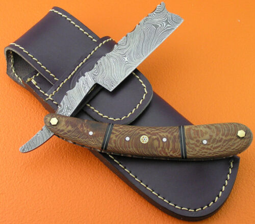 Damascus Folding Razor Knife Custom Handmade Damascus Steel Gentleman's Wet Shaving Grooming Straight Razor Knife With Mictra Handle Leather Sheaths 2113 - Image 6