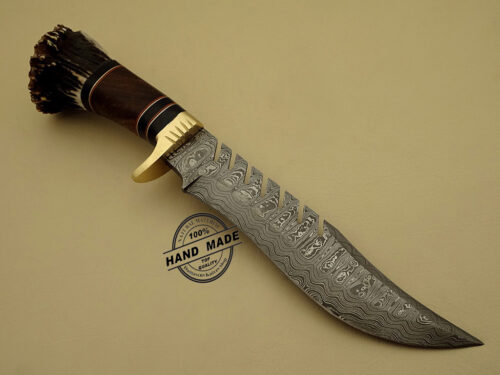 Damascus Bowie Knife Custom Handmade Damascus Steel Hunting Knife Damascus Bowie Knife With Wood & Stag Handle Leather Sheaths 1115