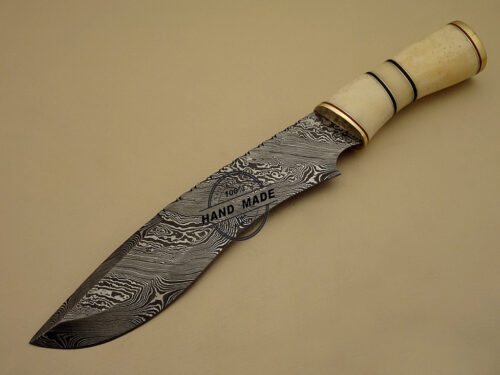 Damascus Bowie Knife Custom Handmade Damascus Steel Hunting Knife Best Damascus Bowie Knife With Camel Bone Handle Leather Sheaths 1111