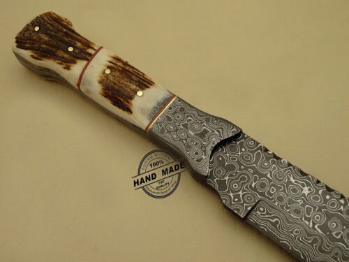 Damascus Bowie Knife Custom Handmade Damascus Steel Hunting Knife Best Damascus Bowie Knife With Stag Handle Leather Sheaths 1114 - Image 4