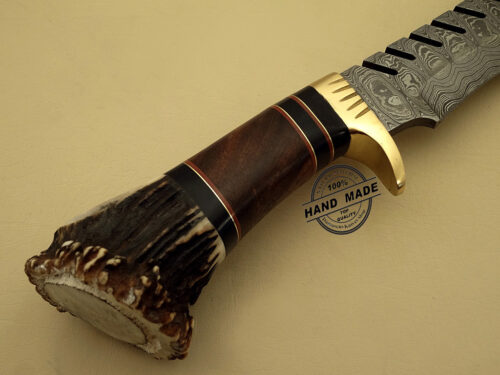Damascus Bowie Knife Custom Handmade Damascus Steel Hunting Knife Damascus Bowie Knife With Wood & Stag Handle Leather Sheaths 1115 - Image 4