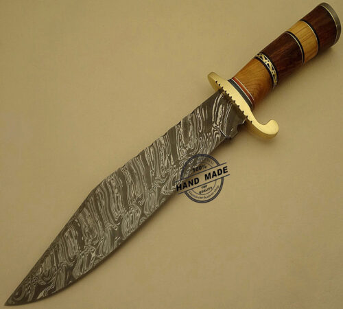 Damascus Bowie Knife Custom Handmade Damascus Steel Hunting Knife With Walnut & Olive Wood Handle Leather Sheaths 1510