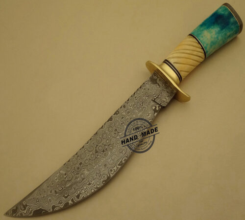 Amazing Damascus Bowie Knife Custom Handmade Damascus Steel Hunting Knife Best Damascus Bowie Knife With Camel Bone Handle Leather Sheaths 1515