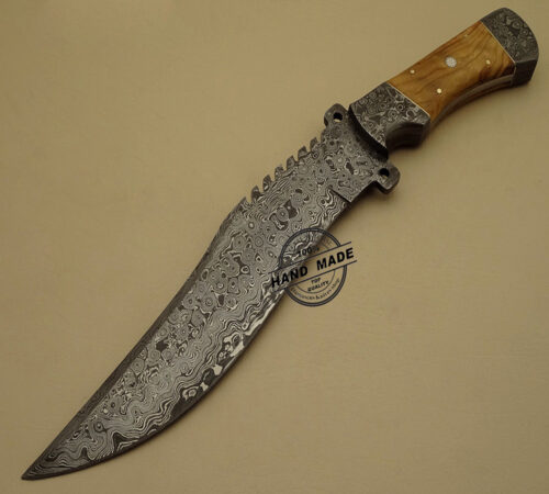 Damascus Bowie Knife Custom Handmade Damascus Steel Hunting Knife Best Damascus Bowie Knife With Olive Wood Handle Leather Sheaths 1524
