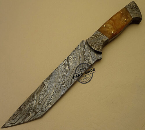 Damascus Bowie Knife Custom Handmade Damascus Steel Hunting Knife Best Damascus Bowie Knife With Colored Bone Handle Leather Sheaths 1531