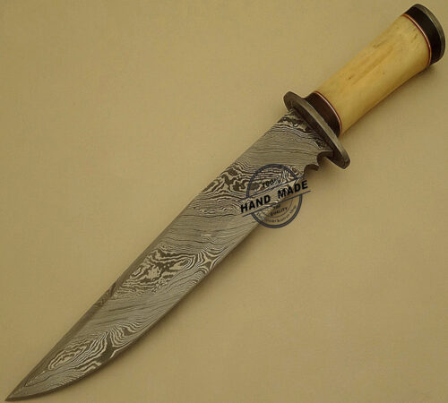 Damascus Bowie Knife Custom Handmade Damascus Steel Hunting Knife Best Damascus Bowie Knife With Camel Bone Handle Leather Sheaths 1532