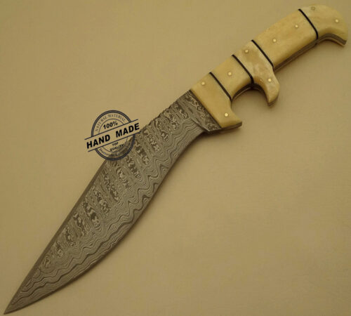 New Damascus Bowie Knife Custom Handmade Damascus Steel Hunting Knife Best Damascus Bowie Knife With Camel Bone Handle Leather Sheaths 1536