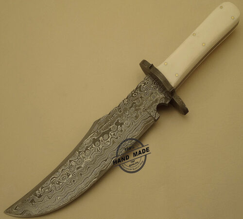 New Damascus Bowie Knife Custom Handmade Damascus Steel Hunting Knife Best Damascus Bowie Knife With Camel Bone Leather Sheaths 1508