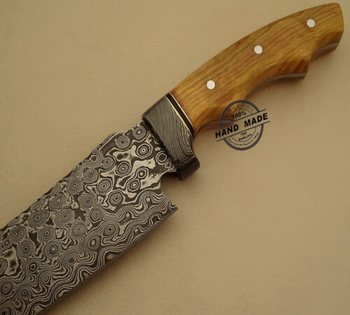 New Damascus Chef’s Knife Custom Handmade Damascus Steel Kitchen Knife Best Damascus Chef’s Knife With Olive Wood Handle Leather Sheaths 1208 - Image 4