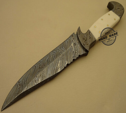 Amazing Damascus Bowie Knife Custom Handmade Damascus Steel Hunting Knife Beautiful Damascus Bowie Knife With White Camel Bone Leather Sheaths 1511 - Image 5