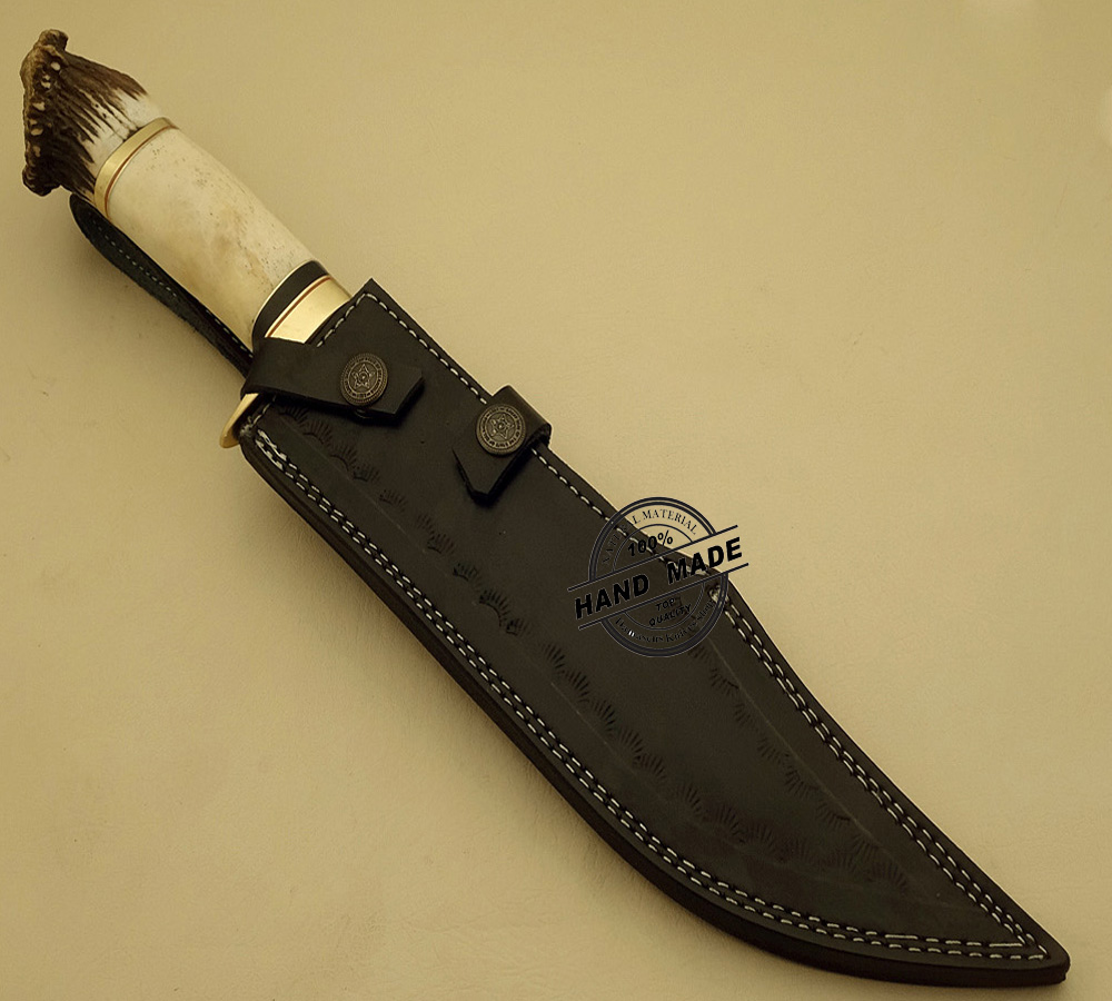 Custom Made Damascus Steel Fixed Blades Cowboy knife with Handmade Right  Hand Leather Sheath - WKN Hunting Gears