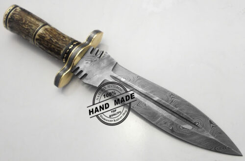 Best Damascus Dagger Knife Custom Handmade Manufactured Awesome Damascus Steel Hunting Knife Best Damascus Dagger Knife With Stag Handle Leather Sheaths 1179