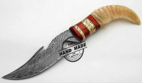 Damascus Bowie Knife Custom Handmade Damascus Steel Hunting Knife Beautiful Damascus Bowie Knife With Sheep Horn Handle Leather Sheaths 1181