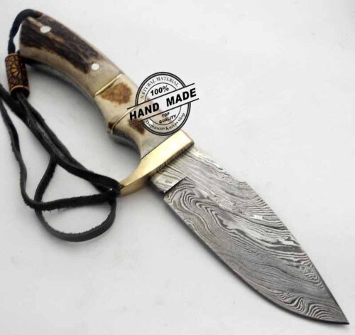 Damascus Skinner Knife Custom Handmade Damascus Steel Hunting Knife Best Damascus Skinner Knife With Stag Handle Leather Sheaths 1184