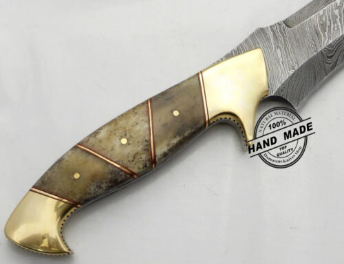 Damascus Bowie Knife Custom Handmade Damascus Steel Professional Hunting Bowie Knife With Colored Bone Handle Leather Sheath 1538 - Image 3